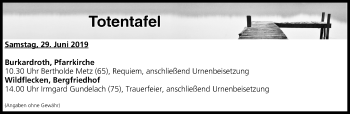 Anzeige von Totentafel vom 29.06.2019 von MGO