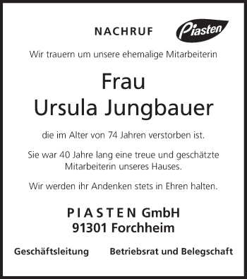 Anzeige von Ursula Jungbauer von MGO