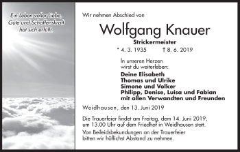 Anzeige von Wolfgang Knauer von MGO