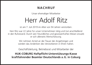 Anzeige von Adolf Ritz von MGO