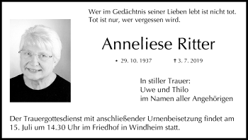 Anzeige von Anneliese Ritter von MGO