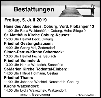 Anzeige von Bestattungen vom 05.07.2019 von MGO