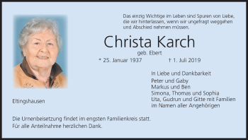Anzeige von Christa Karch von MGO