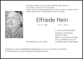 Anzeige von Elfriede Hein von MGO