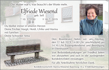 Anzeige von Elfriede Wiesend von MGO