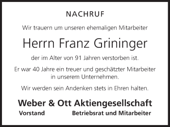 Anzeige von Franz Grininger von MGO