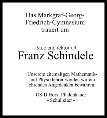 Anzeige von Franz Schindele von MGO