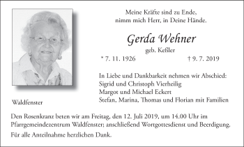 Anzeige von Gerda Wehner von MGO