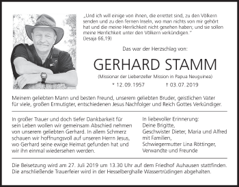 Anzeige von Gerhard Stamm von MGO