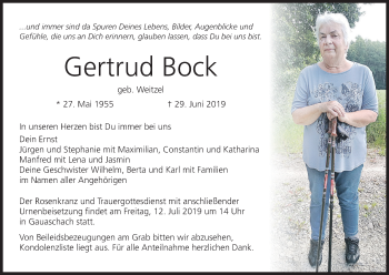 Anzeige von Gertrud Bock von MGO