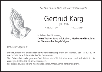 Anzeige von Gertrud Karg von MGO