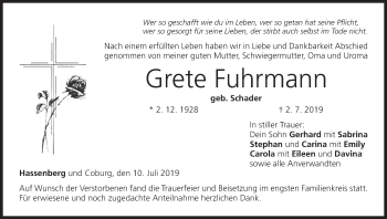 Anzeige von Grete Fuhrmann von MGO