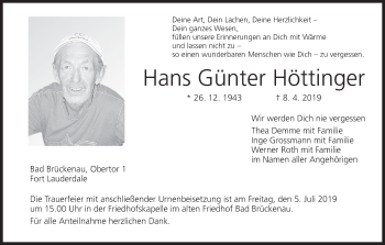 Anzeige von Hans Günter Höttinger von MGO