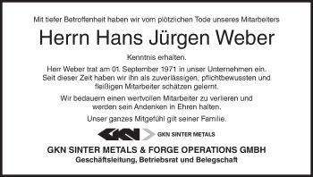 Anzeige von Hans Jürgen Weber von MGO