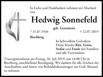 Anzeige von Hedwig Sonnefeld von MGO