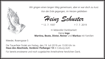 Anzeige von Heinz Schuster von MGO