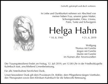 Anzeige von Helga Hahn von MGO