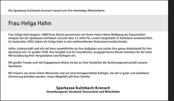 Anzeige von Helga Hahn von MGO