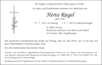 Anzeige von Herta Riegel von MGO
