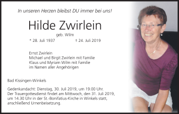Anzeige von Hilde Zwirlein von MGO