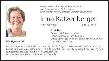 Anzeige von Irma Katzenberger von MGO