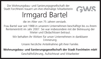 Anzeige von Irmgard Bartel von MGO