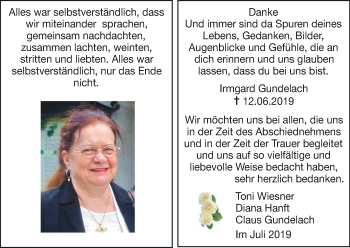 Anzeige von Irmgard Gundelach von MGO