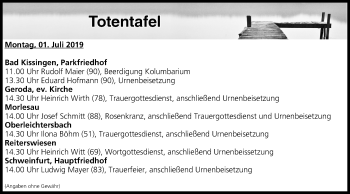 Anzeige von Totentafel vom 01.07.2019 von MGO