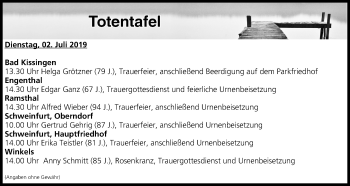 Anzeige von Totentafel vom 02.07.2019 von MGO