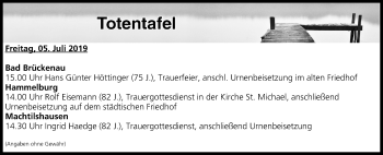 Anzeige von Totentafel vom 05.07.2019 von MGO