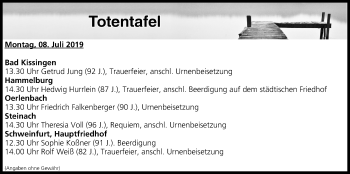 Anzeige von Totentafel vom 08.07.2019 von MGO
