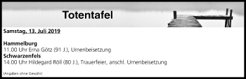 Anzeige von Totentafel vom 13.07.2019 von MGO