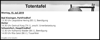 Anzeige von Totentafel vom 15.07.2019 von MGO