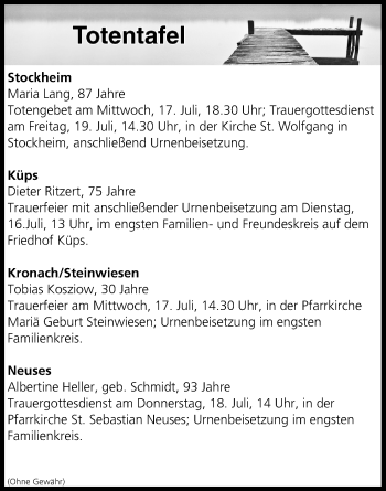 Anzeige von Totentafel vom 16.07.2019 von MGO