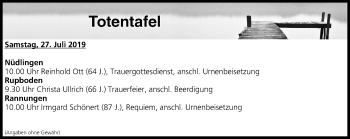 Anzeige von Totentafel vom 27.07.2019 von MGO