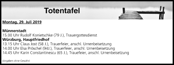 Anzeige von Totentafel vom 29.07.2019 von MGO