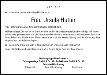 Anzeige von Ursula Hutter von MGO