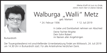 Anzeige von Walburga Walli Metz von MGO