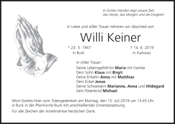 Anzeige von Willi Keiner von MGO