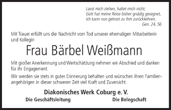 Anzeige von Bärbel Weißmann von MGO