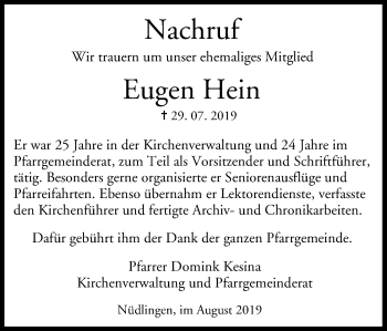 Anzeige von Eugen Hein von MGO