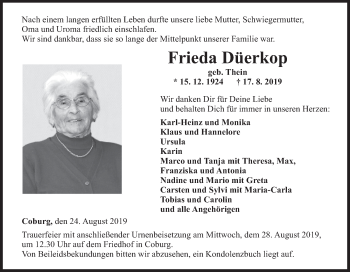 Anzeige von Frieda Düerkop von MGO