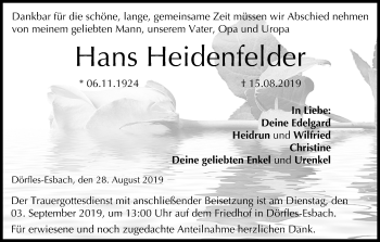 Anzeige von Hans Heidenfelder von MGO