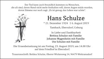 Anzeige von Hans Schulze von MGO