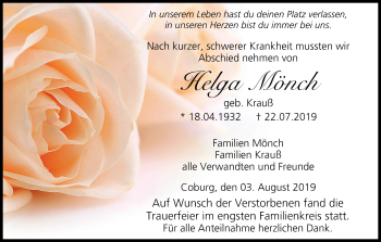 Anzeige von Helga Mönch von MGO