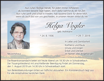 Anzeige von Helga Vogler von MGO