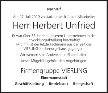 Anzeige von Herbert Unfried von MGO