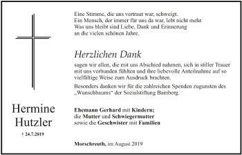 Anzeige von Hermine Hutzler von MGO
