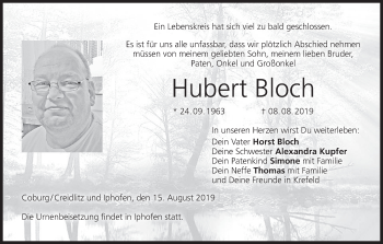 Anzeige von Hubert Bloch von MGO