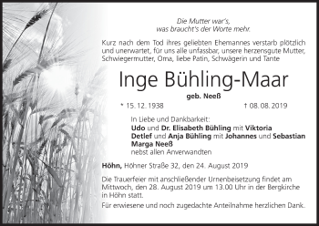 Anzeige von Inge Bühling-Maar von MGO